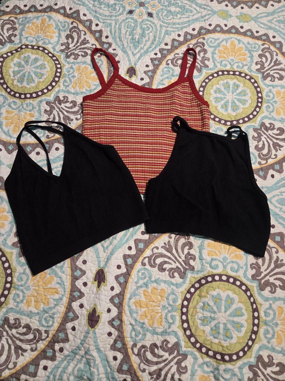 3 Pieces! Arizona Jean Company Red Striped Knit Cami & 2 Black Ribbed Crop Tops
